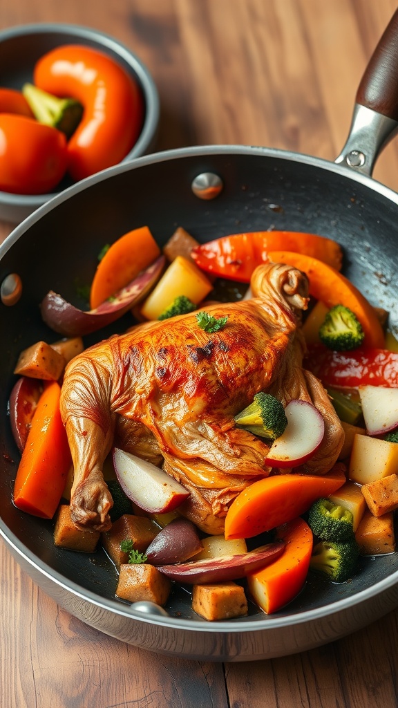 Rotisserie chicken surrounded by colorful vegetables in a frying pan.