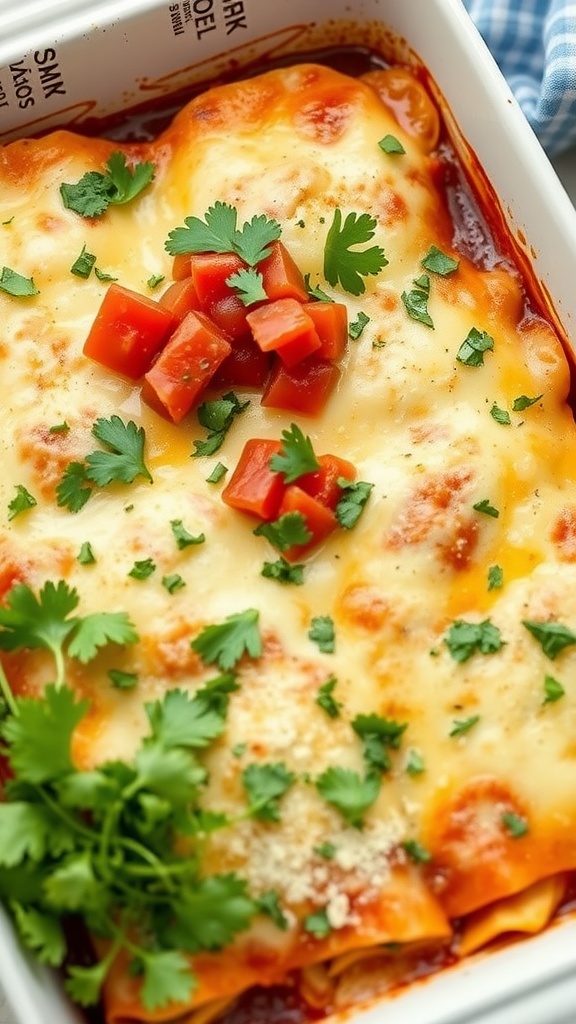 A delicious plate of rotisserie chicken enchiladas topped with cheese, cilantro, and diced tomatoes.