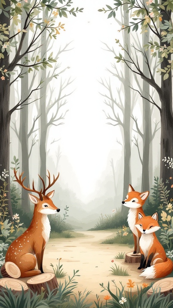 A serene woodland scene featuring forest animals such as deer and foxes, surrounded by trees and flowers.