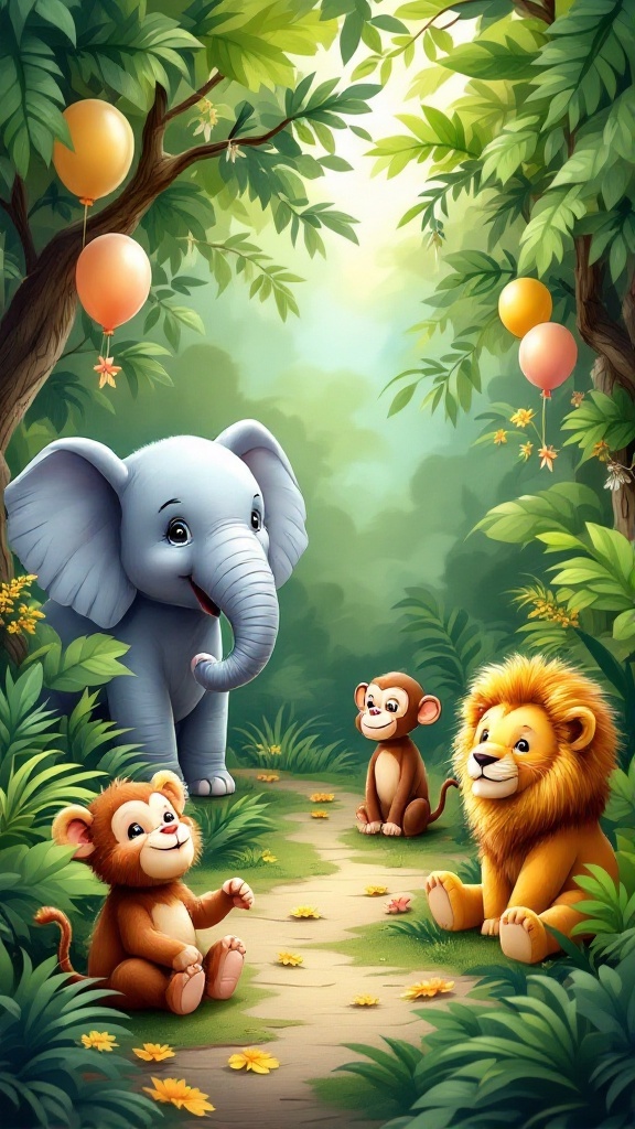 Illustration of a jungle scene with cartoon animals including an elephant, monkeys, and a lion among lush greenery and balloons.