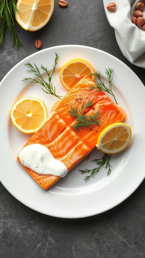 A plate of salmon with dill sauce, garnished with lemon slices and fresh herbs