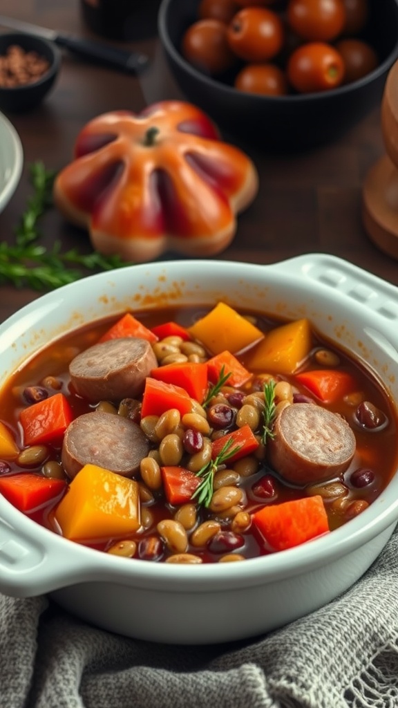 A hearty sausage and lentil stew in a white bowl with colorful vegetables.