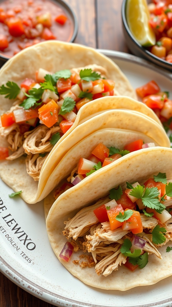 Three tacos filled with shredded chicken and topped with fresh salsa and cilantro on a plate.