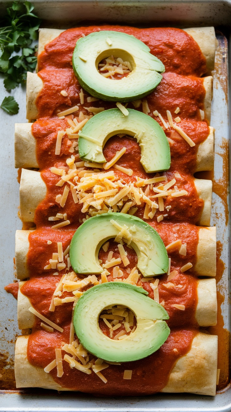 Savory sweet potato and black bean enchiladas topped with avocado and cheese