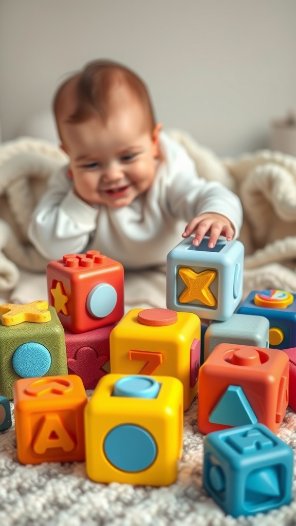 A baby playing with colorful sensory blocks on a soft blanket.