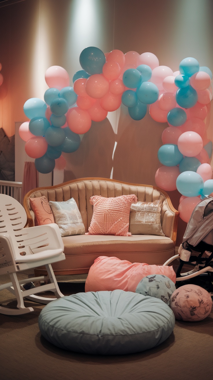 Cozy lounge area with cushions and balloons for a baby shower.