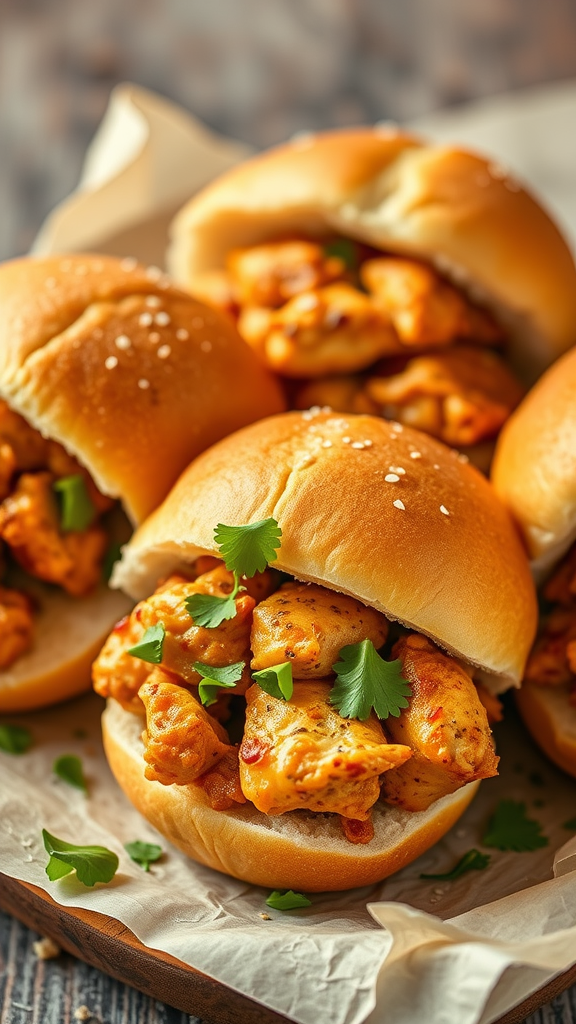 Delicious shredded chicken sliders on soft buns with toppings.