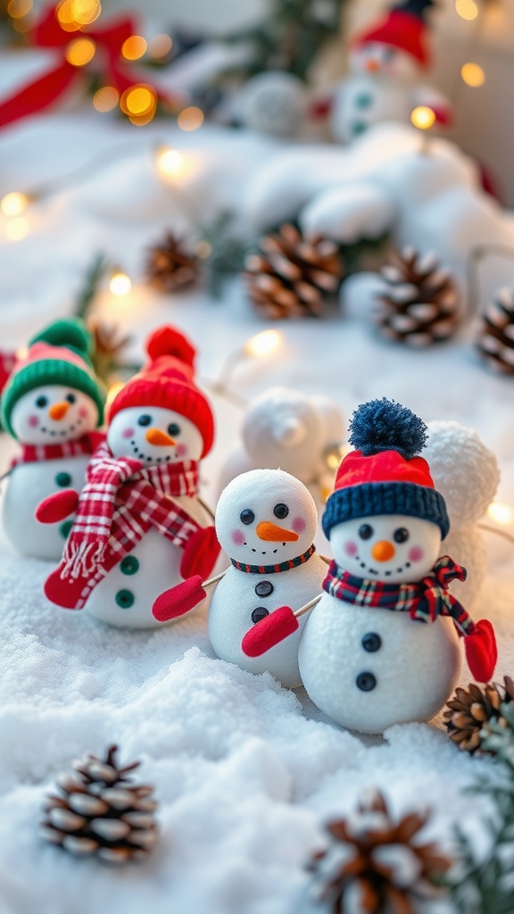 A colorful display of small plush snowmen in winter setting with snow and pinecones.