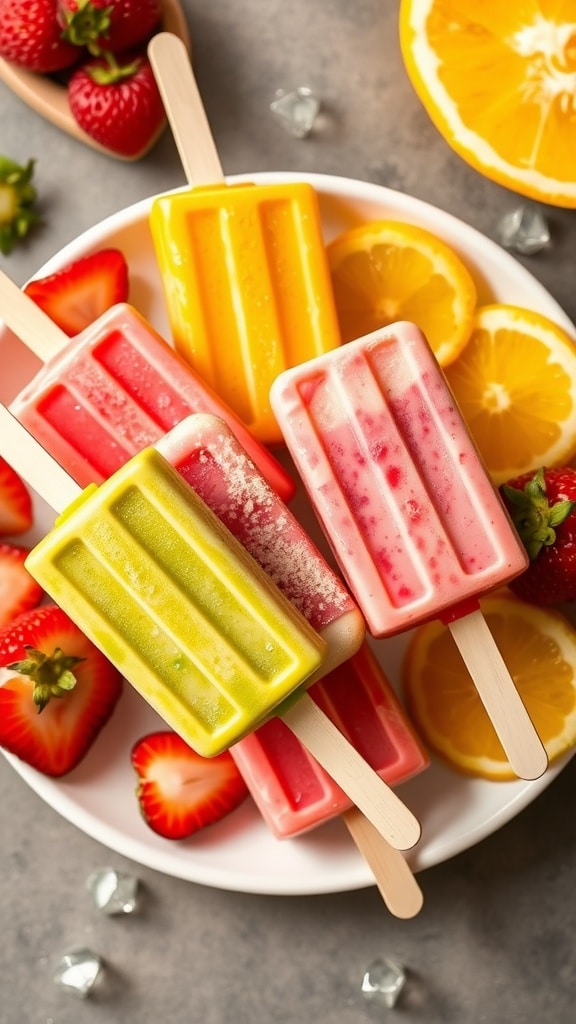 A plate of colorful smoothie popsicles in various flavors.