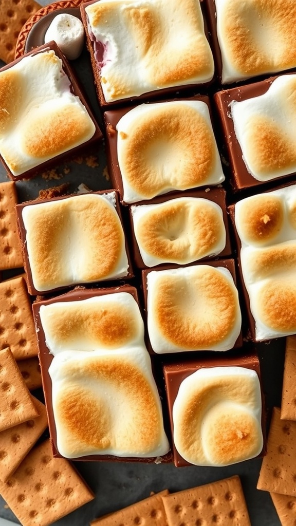 Delicious s'mores bars topped with toasted marshmallows and surrounded by graham crackers.