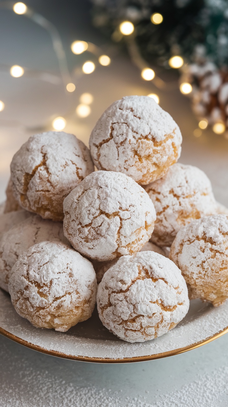 A close-up of snowball cookies rolled in powdered sugar, arranged on a plate with soft lighting.