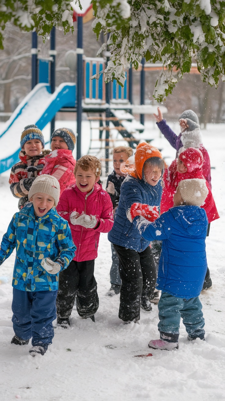 Children engaging in a playful snowball fight in a snowy playground.