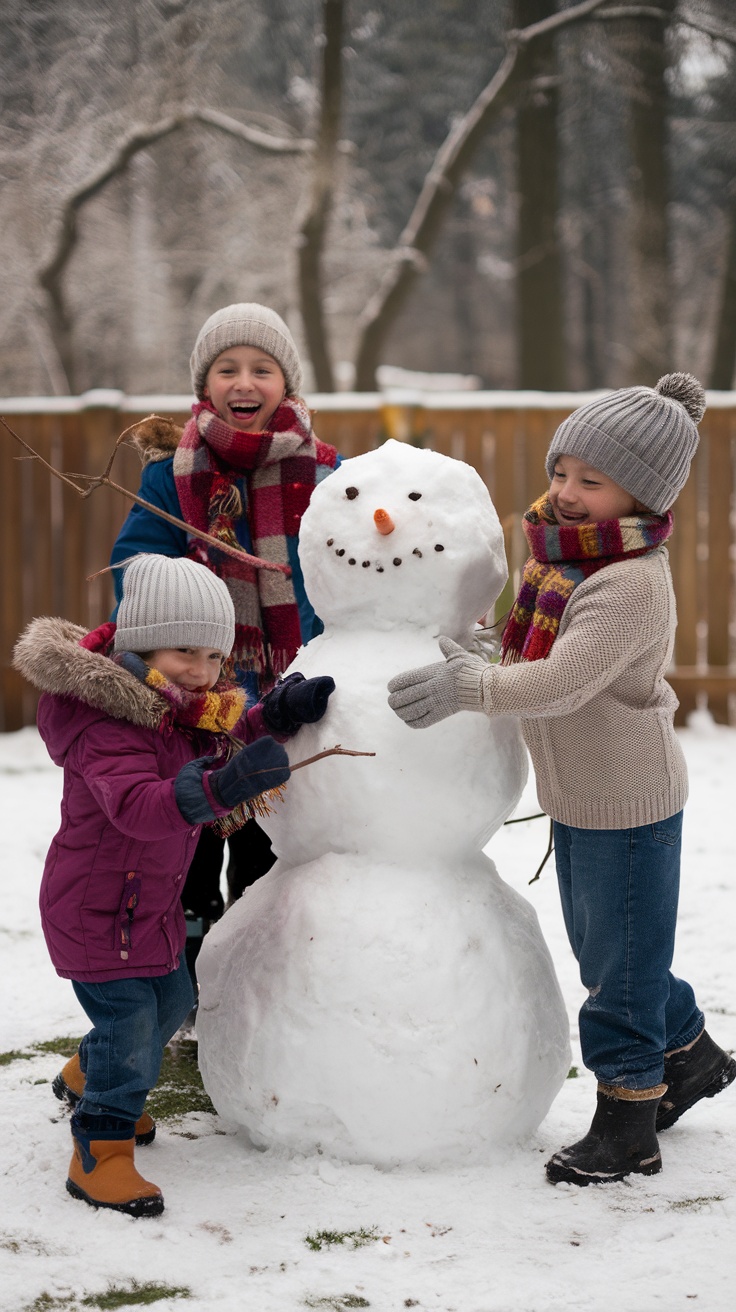 Children happily building a snowman in winter