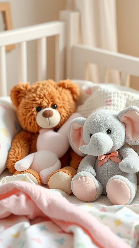 A teddy bear and an elephant plush toy on a baby blanket in a crib.