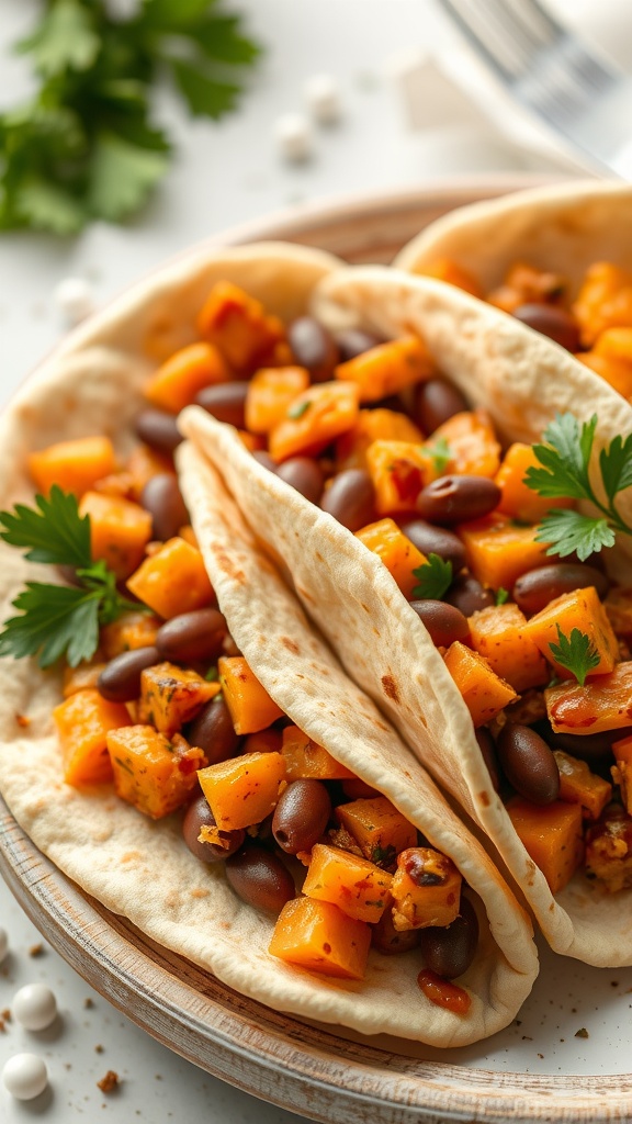 Three soft veggie and bean tacos with butternut squash and black beans on a wooden plate.