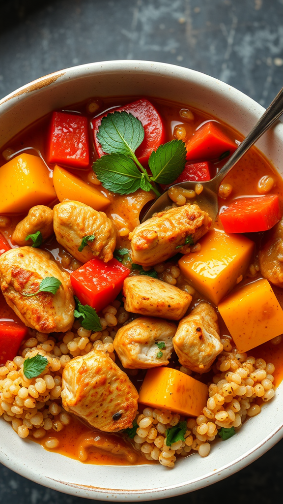 A bowl of spicy chicken and quinoa stew with vegetables