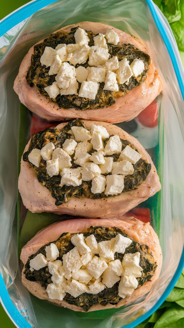 Three spinach and feta stuffed chicken breasts in a freezer bag