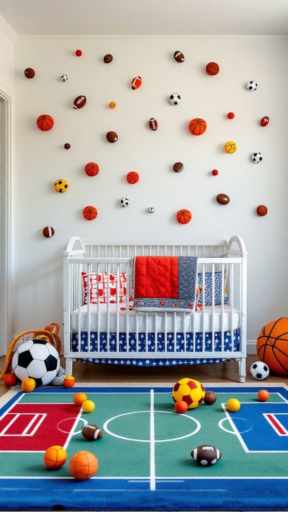 A sports-themed nursery featuring a crib, colorful sports balls on the wall, and a vibrant rug.