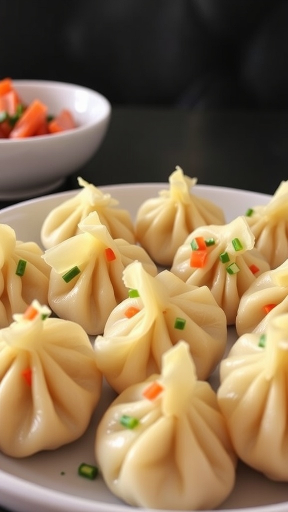 A plate of steamed veggie dumplings with colorful vegetable filling.