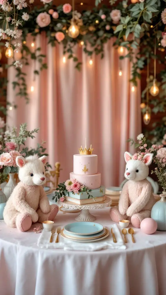A beautifully decorated baby shower table featuring plush toys, a pastel cake, and floral arrangements.
