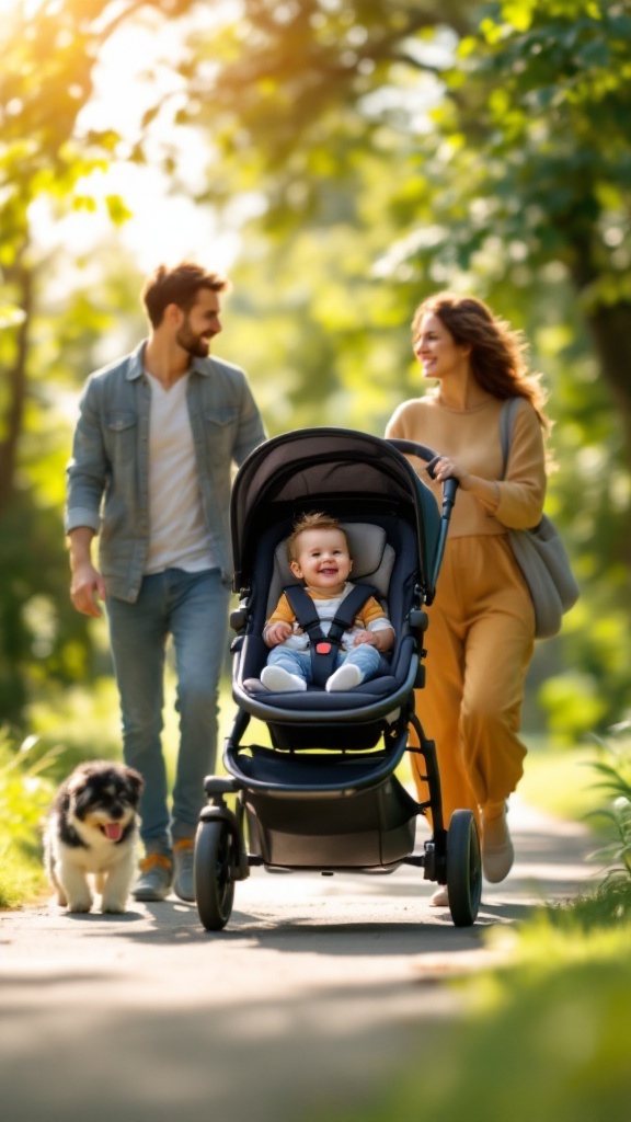 A family walking in a park with a baby in a stroller and a dog.