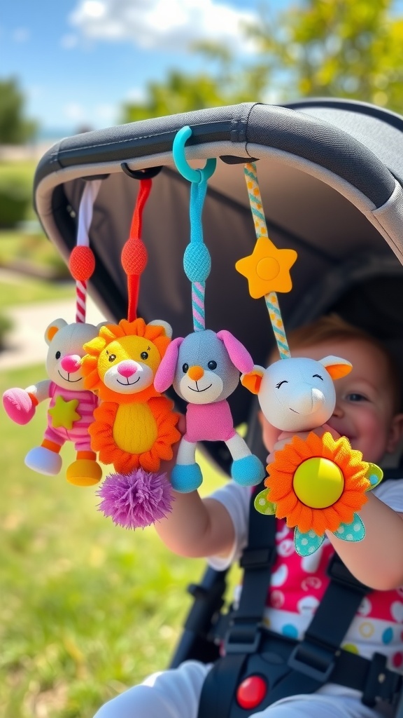 A baby holding colorful stroller toys attached to a stroller, featuring various animals and shapes.