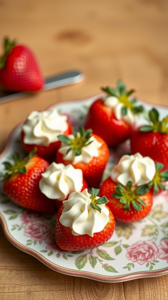 A plate of stuffed strawberries topped with cream cheese swirls, showcasing a colorful and appetizing dessert.