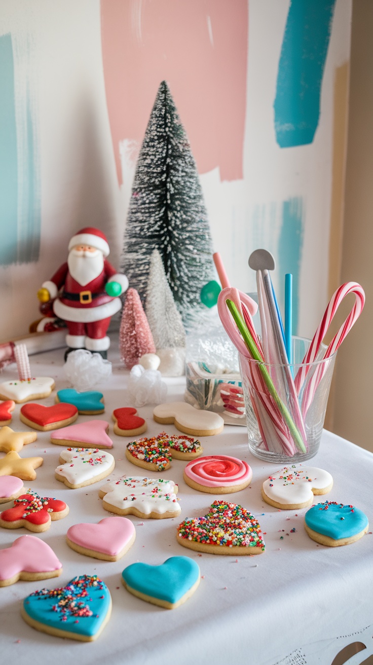 A festive cookie decorating station with decorated sugar cookies, icing, and holiday decorations.