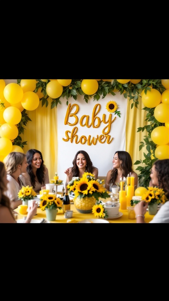 A cheerful sunflower-themed baby shower decor featuring bright yellow flowers and rustic accents.