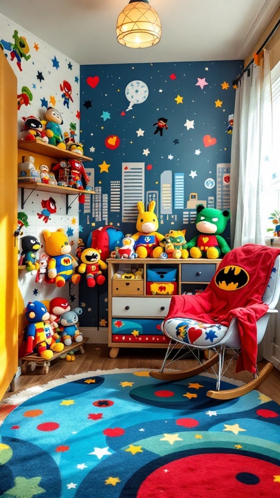 Colorful superhero-themed nursery with toys and decorations.