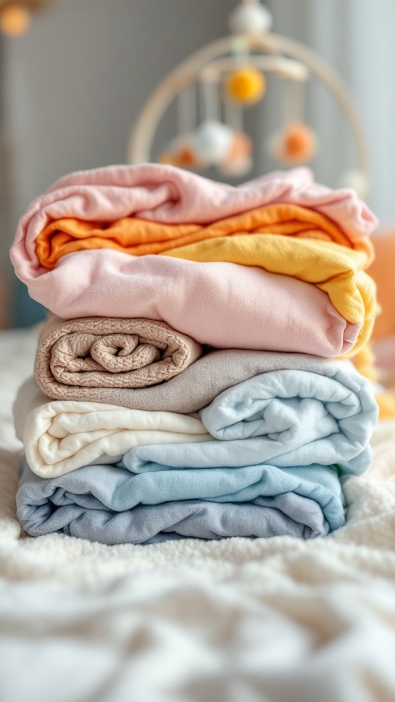 A stack of colorful, folded baby swaddles.