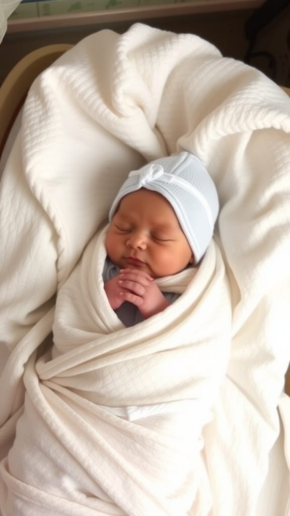 A peaceful newborn baby wrapped in a cozy white swaddle.