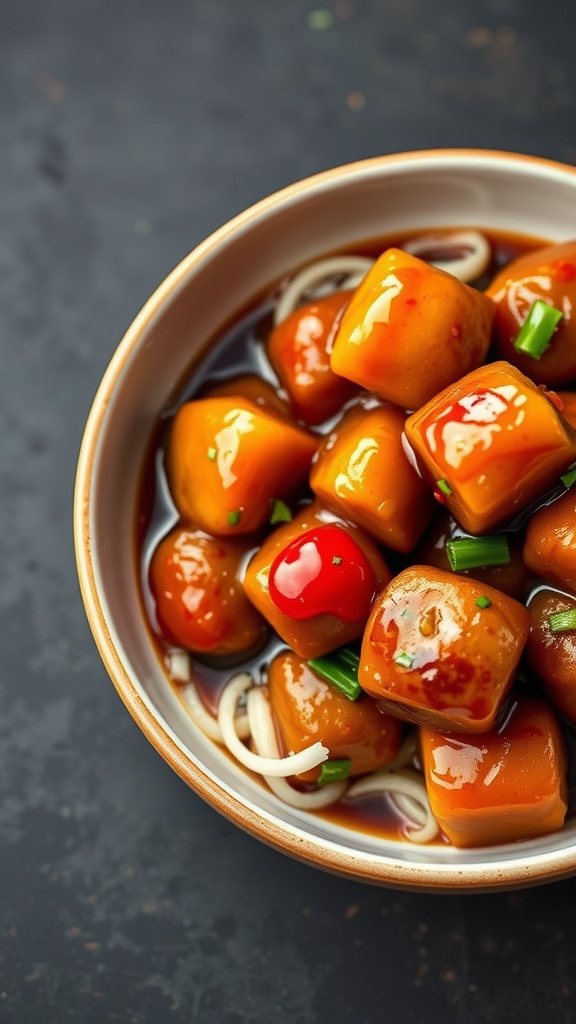 A bowl of sweet and sour meatballs with noodles.