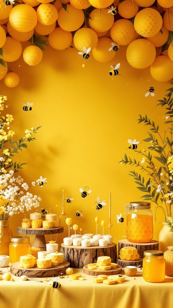 Baby shower table setting with honeycomb and bee decorations in yellow hues.