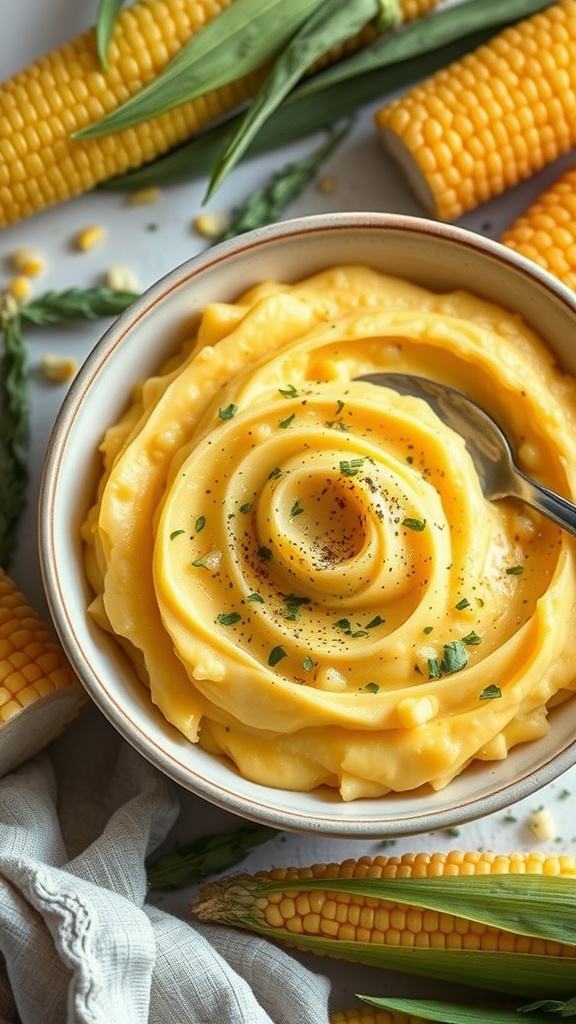 A bowl of creamy sweet corn and potato mash, garnished with herbs, surrounded by fresh corn and green onions.