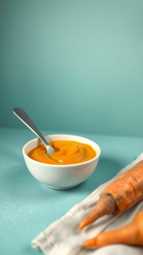 A bowl of sweet potato and carrot puree with carrots beside it