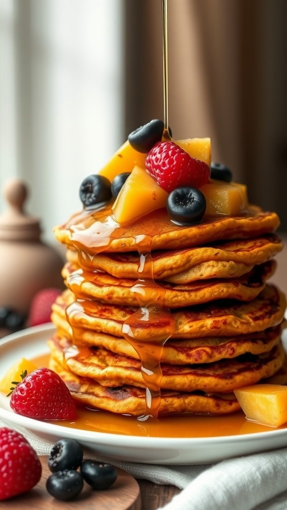 Stack of sweet potato pancakes topped with fruits and maple syrup.