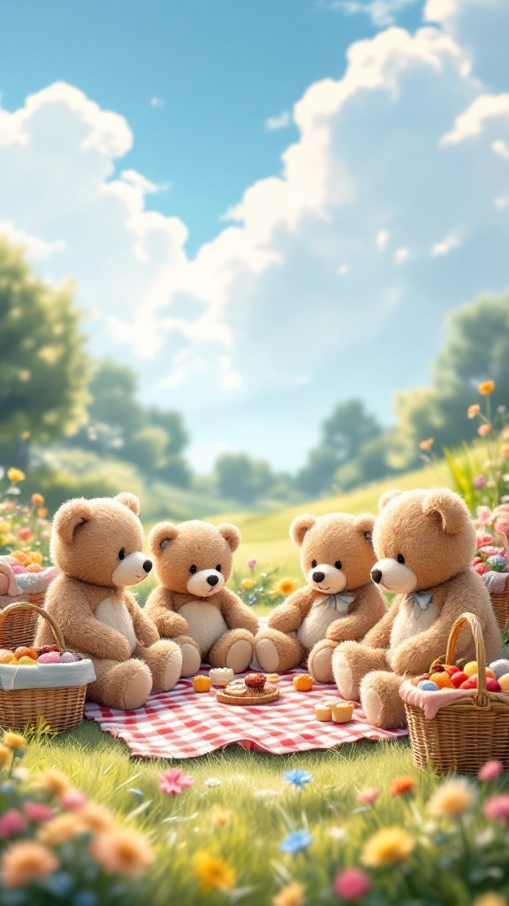 Teddy bears on a picnic blanket in a flower-filled field