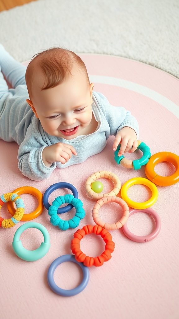 A baby joyfully playing with colorful teething rings on a pink mat.