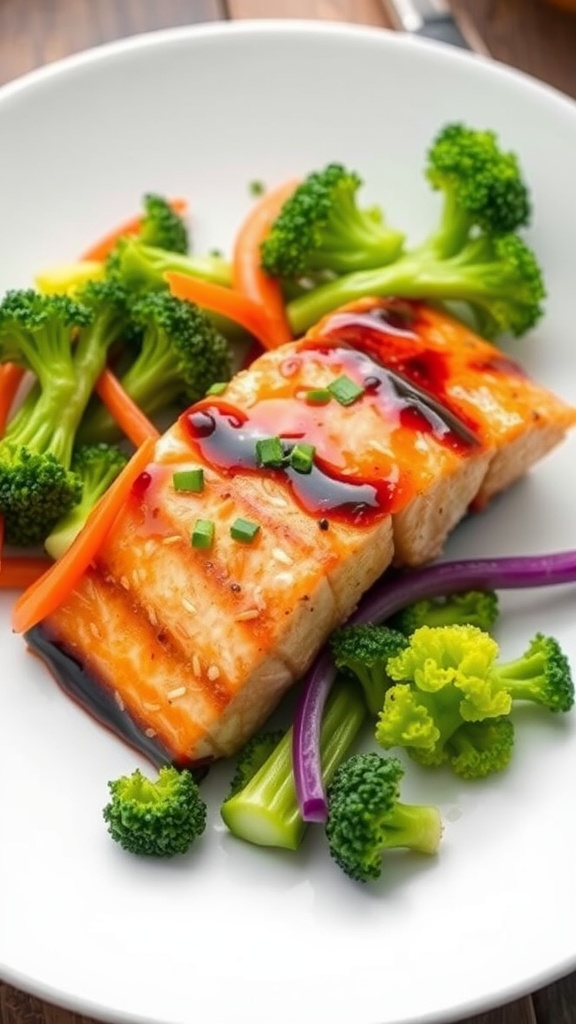 A plate of teriyaki salmon with colorful vegetables, including broccoli and carrots.