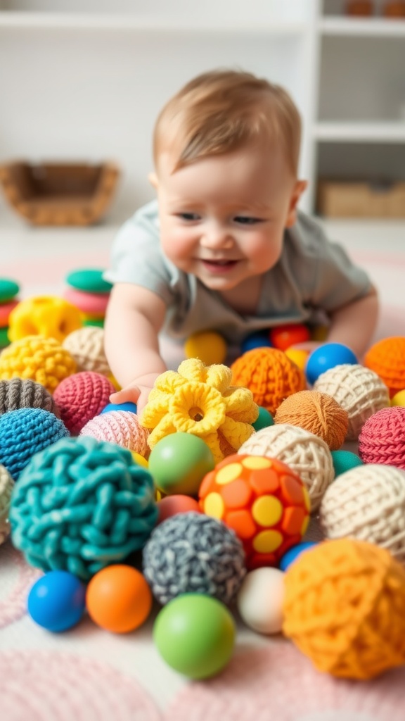 A happy baby playing with a variety of colorful textured balls.