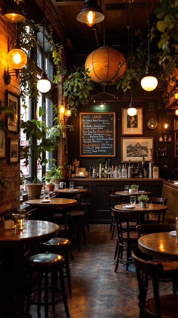 Interior of The Ellington, featuring plants, warm lighting, and wooden furniture.