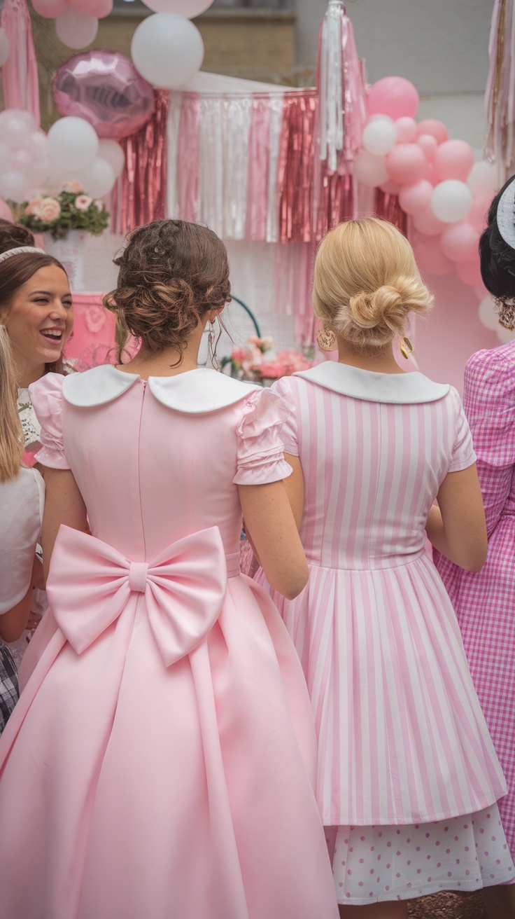 A group of women wearing beautiful pastel dresses at a baby shower.