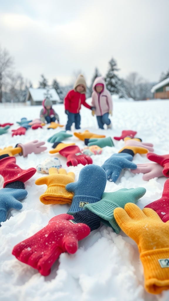 Colorful gloves scattered on snow with children playing in the background.