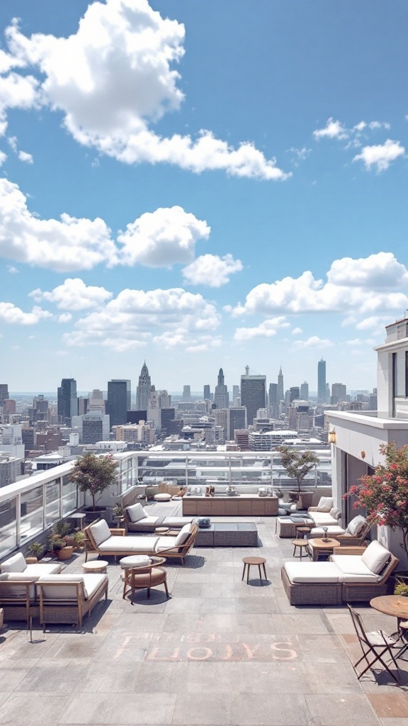 A beautiful rooftop space with seating and city skyline views.