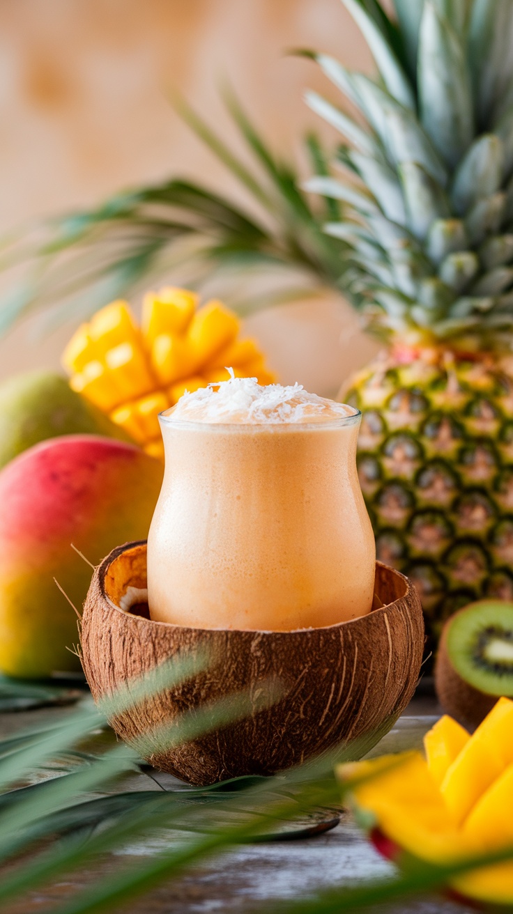 A vibrant tropical mango coconut smoothie in a coconut bowl, surrounded by fresh mango, pineapple, and greenery.