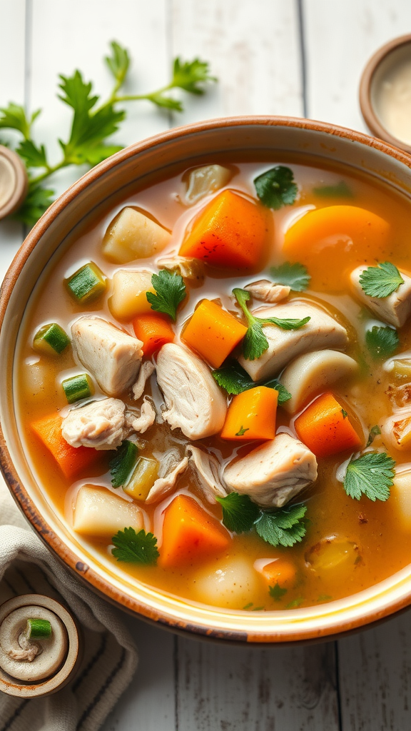 A bowl of turkey vegetable soup with colorful ingredients like turkey, carrots, and potatoes, garnished with parsley.