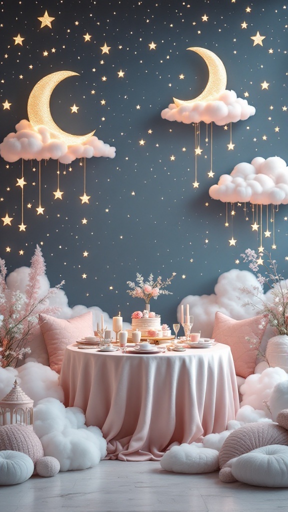 A dreamy celestial baby shower theme with stars, moons, and soft clouds.