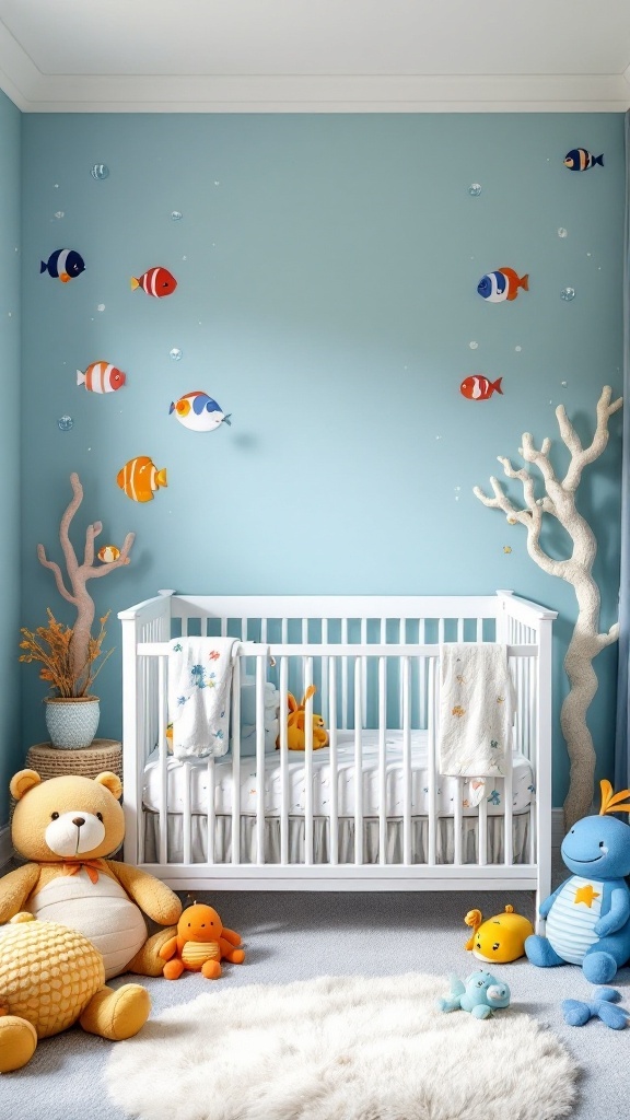 Under the Sea nursery with blue walls, fish decor, and plush toys.