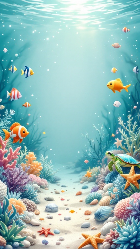 Colorful underwater scene with fish, corals, and a turtle, ideal for an under the sea theme.